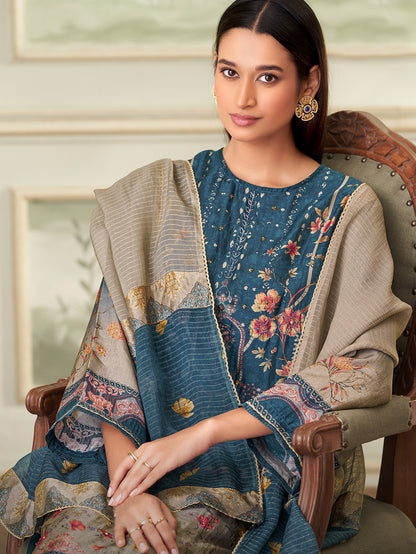 BRINDA Blue - Russian Unstitched Set With Attractive Handwork