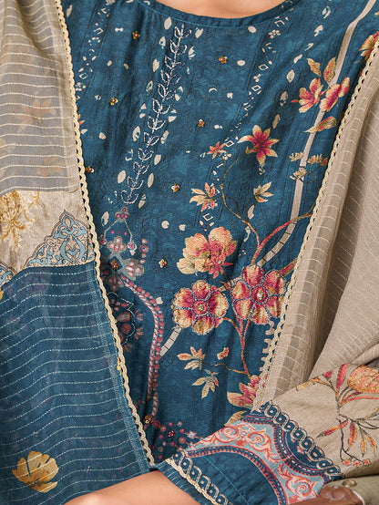 BRINDA Blue - Russian Unstitched Set With Attractive Handwork