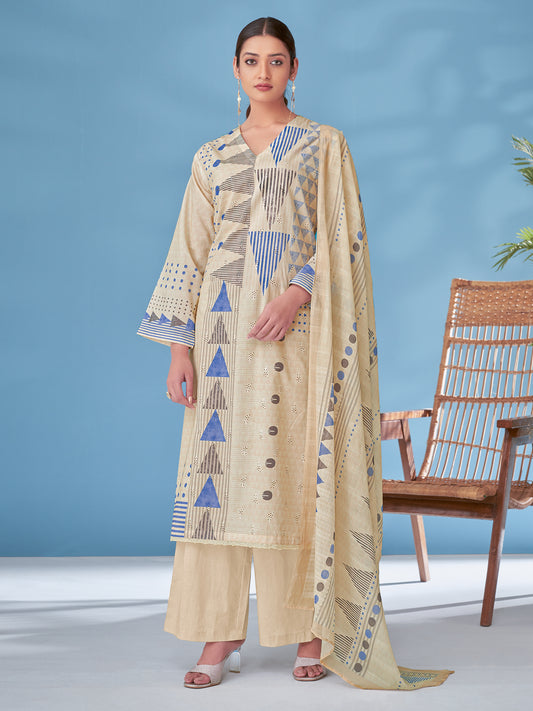 SAJAL BLUE Luxe Cotton Unstitched Set with Beautiful Embroidery Work