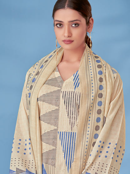SAJAL BLUE Luxe Cotton Unstitched Set with Beautiful Embroidery Work