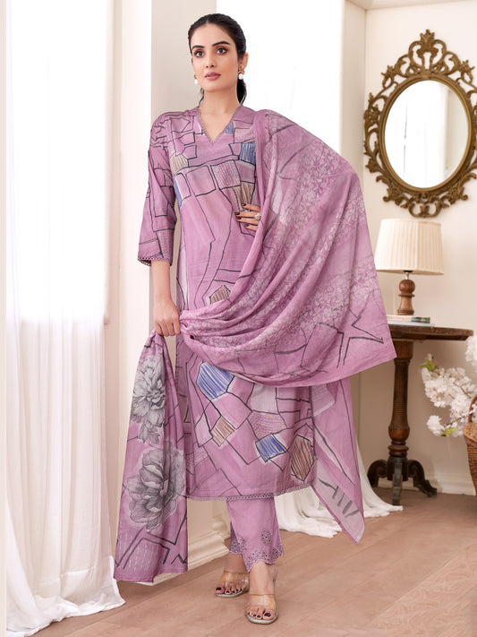 PRIYANSHI LILAC Pure Cotton Unstitched Set with Stunning Fancy Handwork