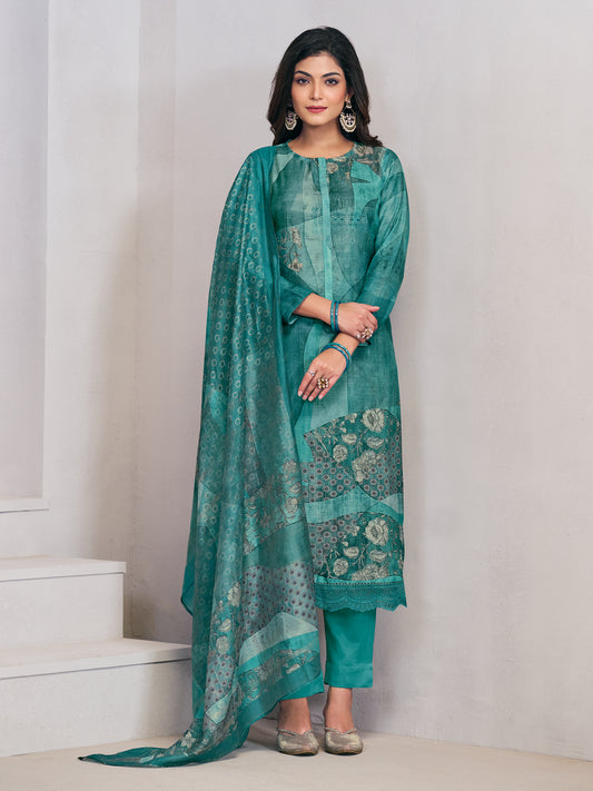 RIVYA TEAL GREEN Pure Muslin Suit Set with Elegant Handwork & Embroidery