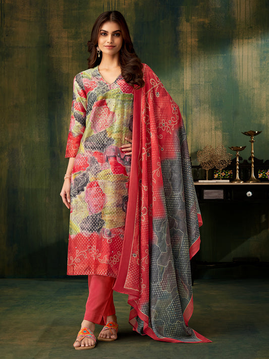 TYOHAR RED  Chanderi Suit Set With Handwork Threadle With Fancy Lace