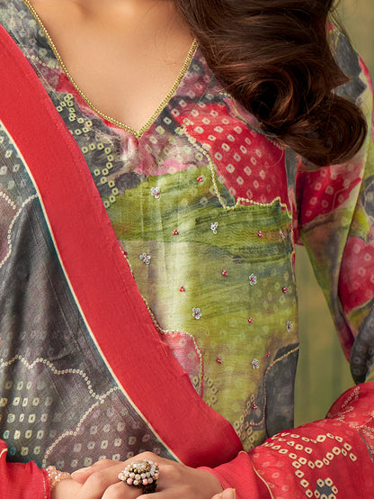 TYOHAR RED  Chanderi Suit Set With Handwork Threadle With Fancy Lace