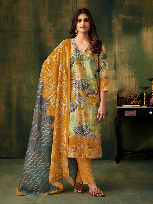TYOHAR YELLOW  Chanderi Unstitched Set With Handwork Threadle With Fancy Lace