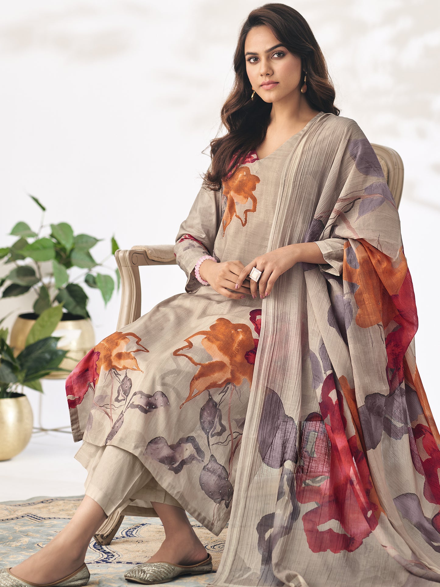 Pragya Brown Elegance Pure Cotton Unstitched Set with Handcrafted Details