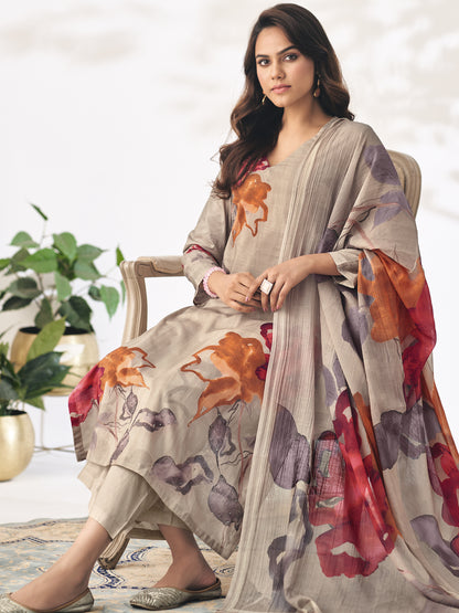 Pragya Brown Elegance Pure Cotton Unstitched Set with Handcrafted Details