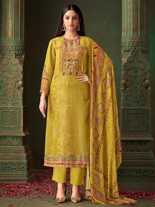 MAHEK Yellow Pure Simmar Tissue Suit Set With Fancy Threadle work