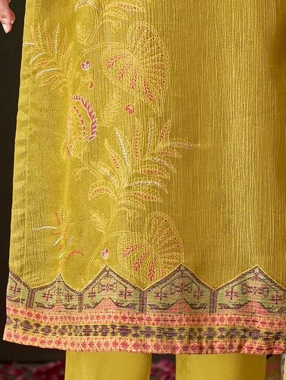 MAHEK Yellow Pure Simmar Tissue Suit Set With Fancy Threadle work
