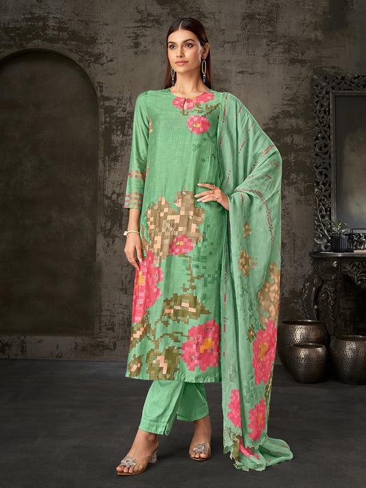 ANAHITA Rama Green - Muslin Suit Set With  Handwork & Threadle Cut Work