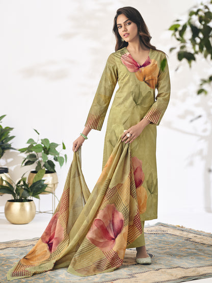 Pragya Olive Green Cotton Suit Set with Exquisite Handwork