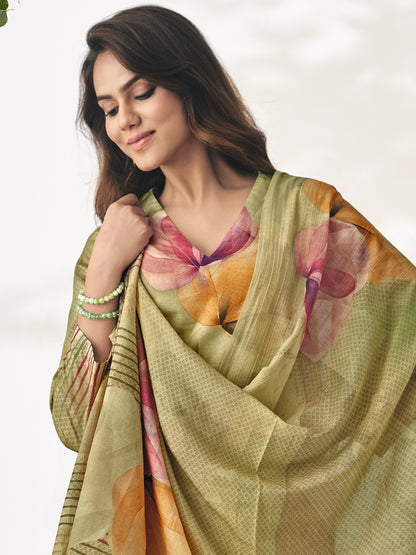 Pragya Olive Green Cotton Suit Set with Exquisite Handwork