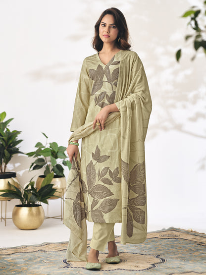 Pragya Soft Olive Charm Light Green Cotton Suit Set with Elegant Handwork