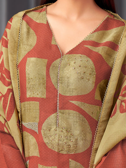 ISHRAT Rust - Simmer Unstitched Set With  Handwork & Threadle