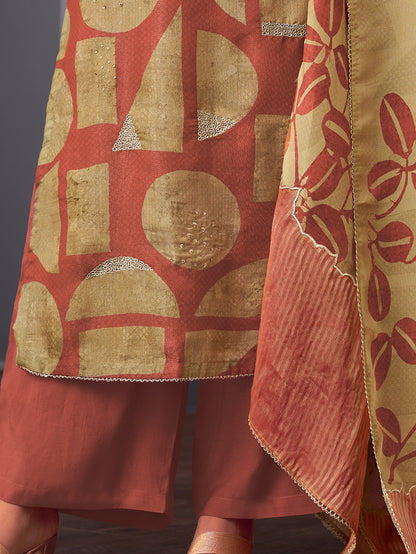 ISHRAT Rust - Simmer Unstitched Set With  Handwork & Threadle