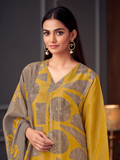 ISHRAT Mustard Yellow - Simmer Suit Set With  Handwork & Threadle