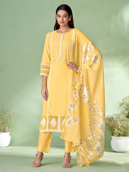AVARNA YELLOW Pure Linen Unstitched Set with Elegant Heavy Embroidery