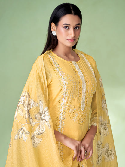 AVARNA YELLOW Pure Linen Unstitched Set with Elegant Heavy Embroidery