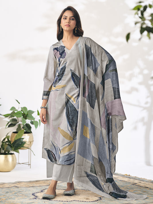 Pragya Soft Grey Pure Cotton Suit Set with Elegant Handcrafted