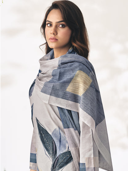Pragya Soft Grey Pure Cotton Suit Unstitched with Elegant Handcrafted
