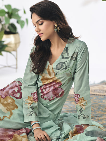 Pragya Vibrant Green Charm Pure Cotton Rama Green Unstitched  Set with Handwork