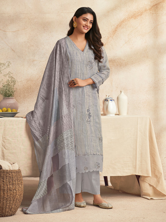 NIRJHARI GREY Pure Fancy Linen Zari Unstitched  Set With Elegant Handwork, Embroidery & Threadal
