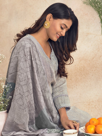 NIRJHARI GREY Pure Fancy Linen Zari Unstitched  Set With Elegant Handwork, Embroidery & Threadal