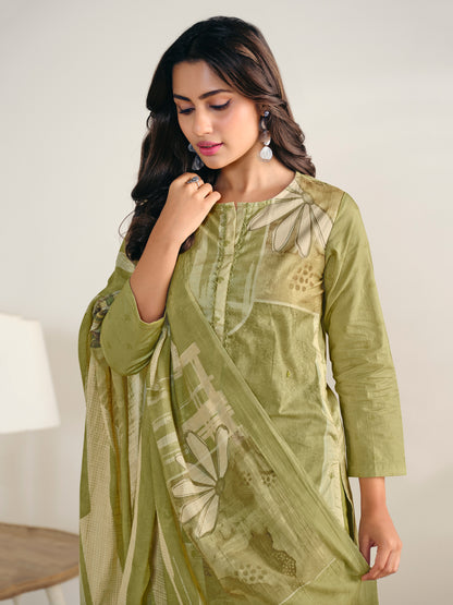 AASHIMA OLIVE GREEN Pure Cotton Suit Set with Stunning Fancy Handwork