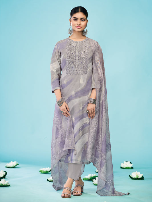 SAMREEN PURPLE Pure Linen Jaquard Unstitched Set with Stunning Fancy Handwork