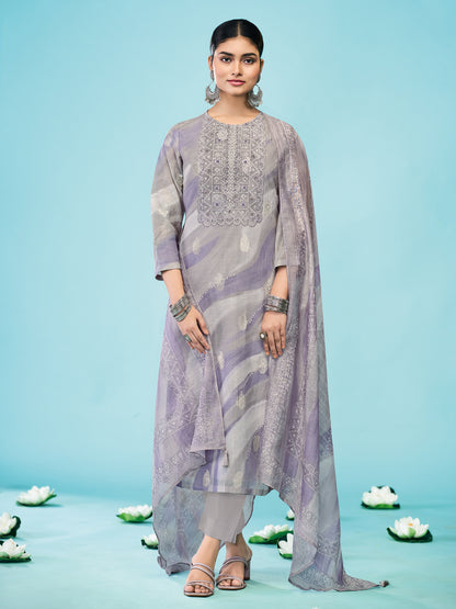 SAMREEN PURPLE Pure Linen Jaquard Suit Set with Stunning Fancy Handwork