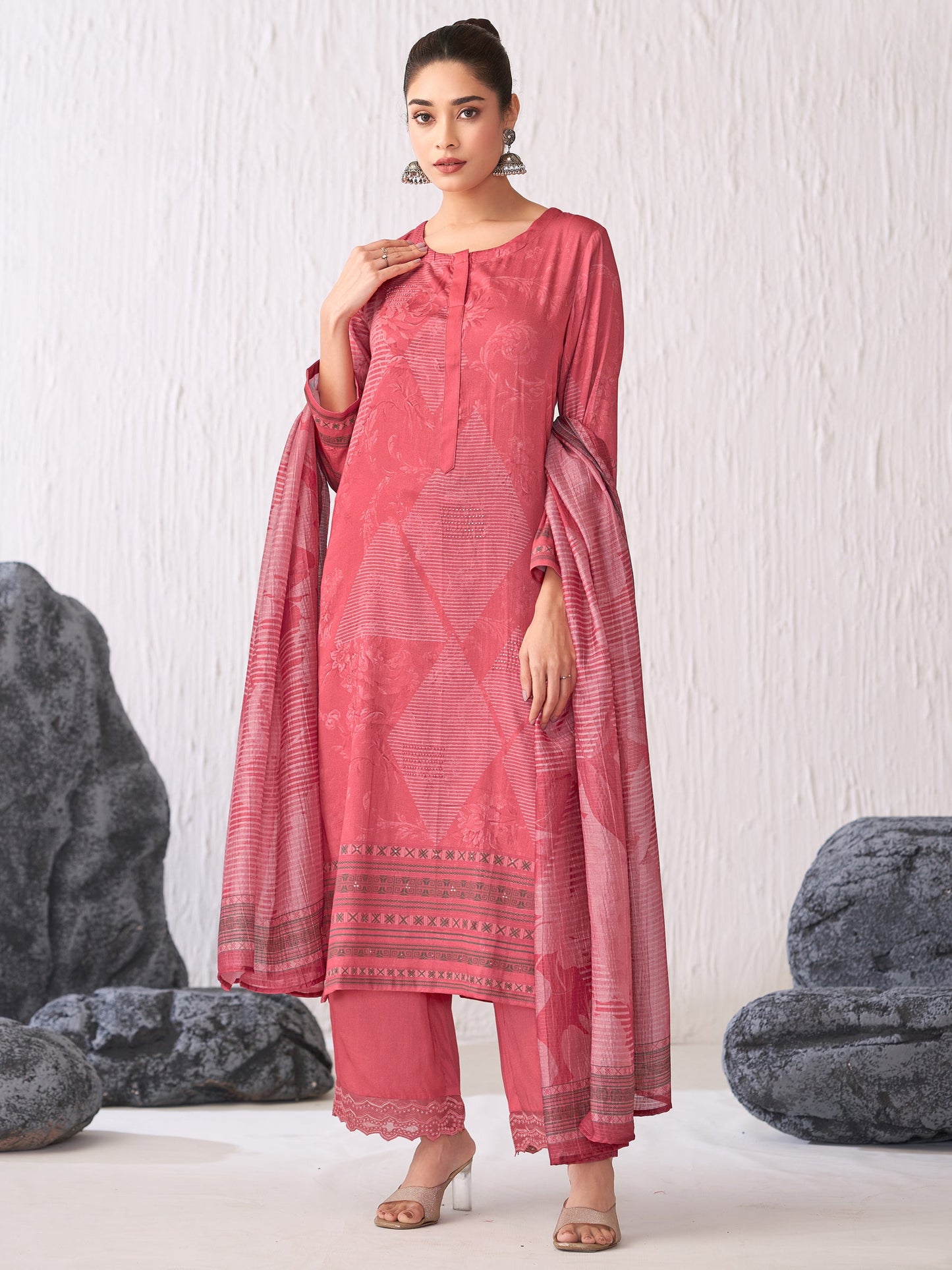 Jhil Mil Luxe Italian Satin  Kurta Unstitched Set with Dupatta