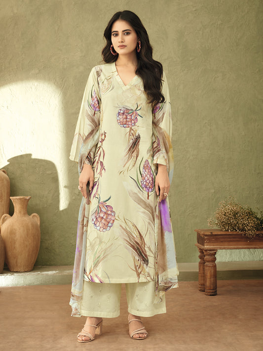 QAHIRA Light Yellow Pure Cotton Lawn Suit Set With Handwork