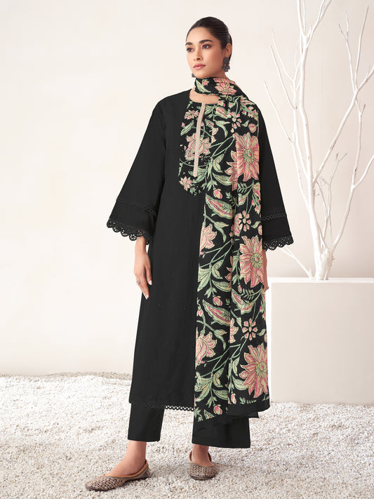 PRATHA BLACK Pure Cotton Unstitched Set with Intricate Handwork & Elegant Embroidery