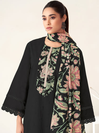 PRATHA BLACK Pure Cotton Unstitched Set with Intricate Handwork & Elegant Embroidery