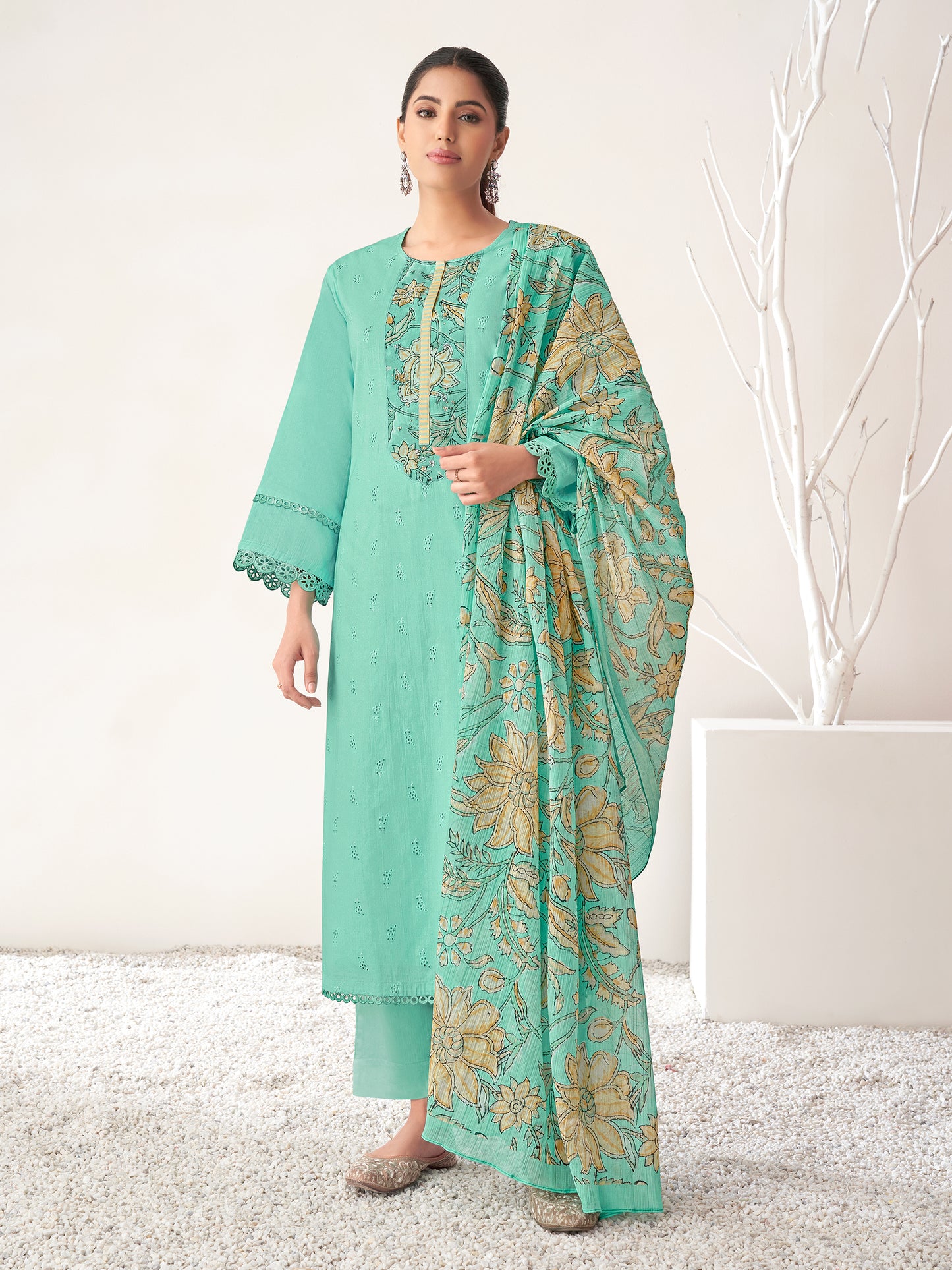 PRATHA TURQUOISE Pure Cotton Unstitched Set with Intricate Handwork & Elegant Embroidery
