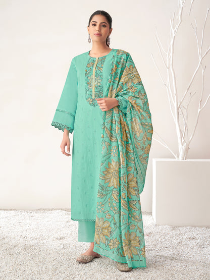 PRATHA TURQUOISE Pure Cotton Unstitched Set with Intricate Handwork & Elegant Embroidery