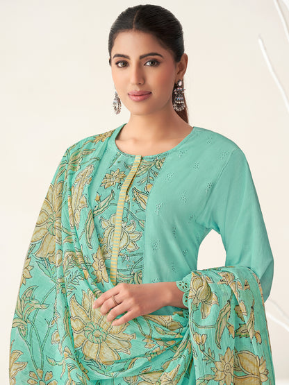 PRATHA TURQUOISE Pure Cotton Unstitched Set with Intricate Handwork & Elegant Embroidery