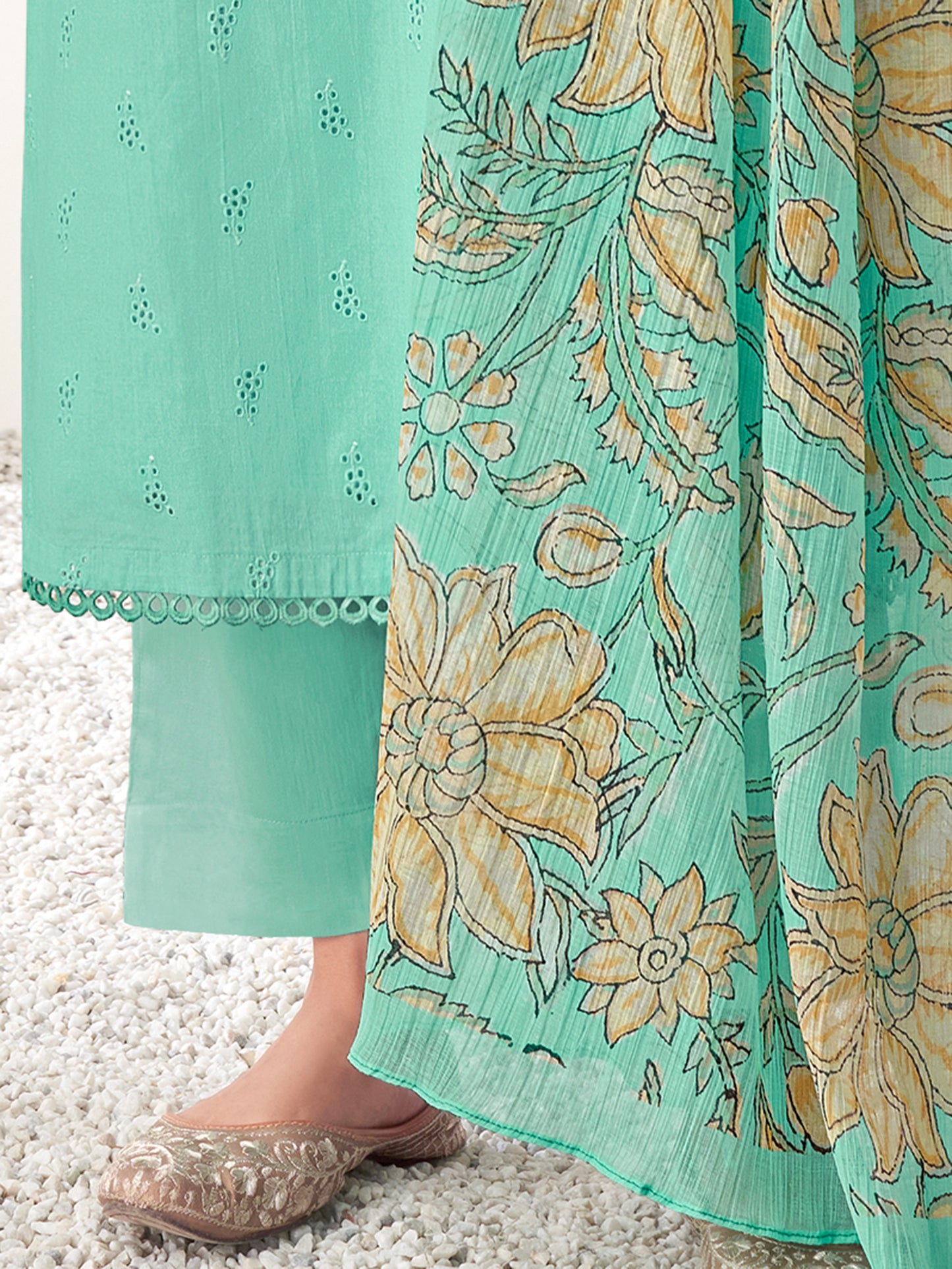 PRATHA TURQUOISE Pure Cotton Unstitched Set with Intricate Handwork & Elegant Embroidery