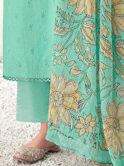 PRATHA TURQUOISE Pure Cotton Unstitched Set with Intricate Handwork & Elegant Embroidery