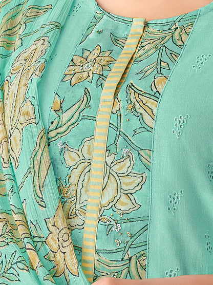 PRATHA TURQUOISE Pure Cotton Unstitched Set with Intricate Handwork & Elegant Embroidery