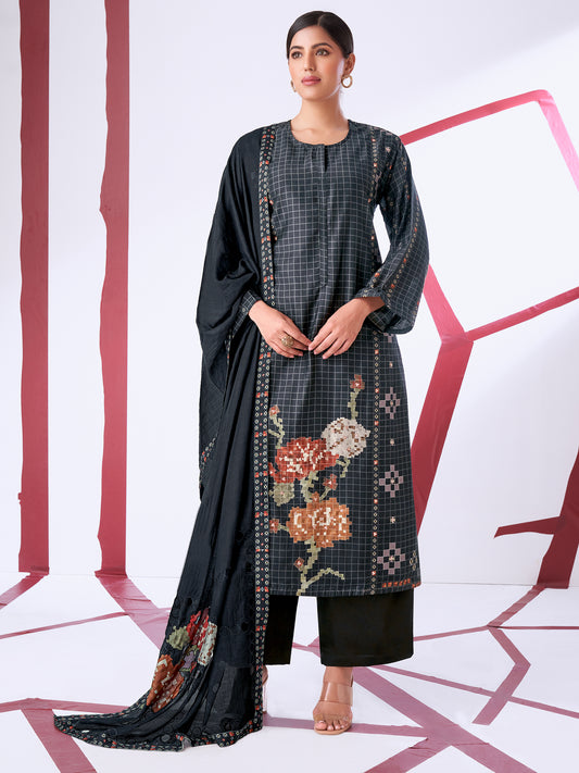PIXEL BLACK Pure Muslin Suit Set With Elegant Handwork & Embroidery