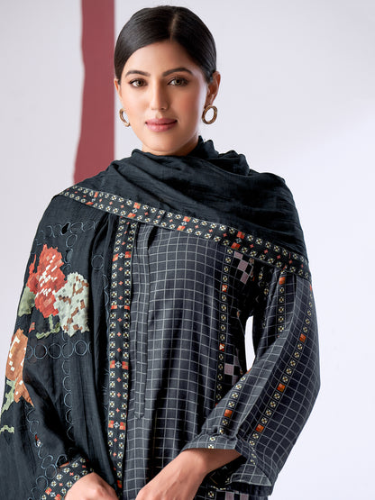 PIXEL BLACK Pure Muslin Suit Set With Elegant Handwork & Embroidery