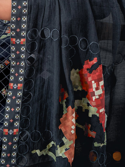 PIXEL BLACK Pure Muslin Suit Set With Elegant Handwork & Embroidery
