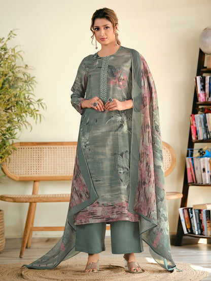 ASMITA LIGHTGREEN Pure Muslin Unstitched Set With Fancy Handwork And Embroidery