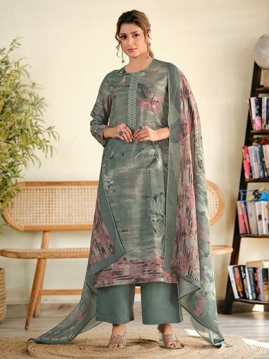 ASMITA LIGHTGREEN Pure Muslin Unstitched Set With Fancy Handwork And Embroidery