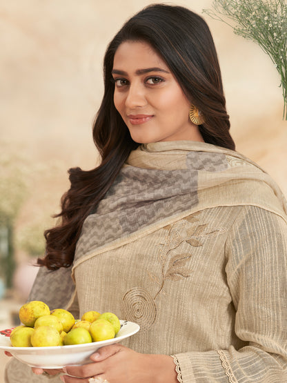 NIRJHARI BEIGE Pure Fancy Linen Zari Suit Set With Elegant Handwork, Embroidery & Threadal