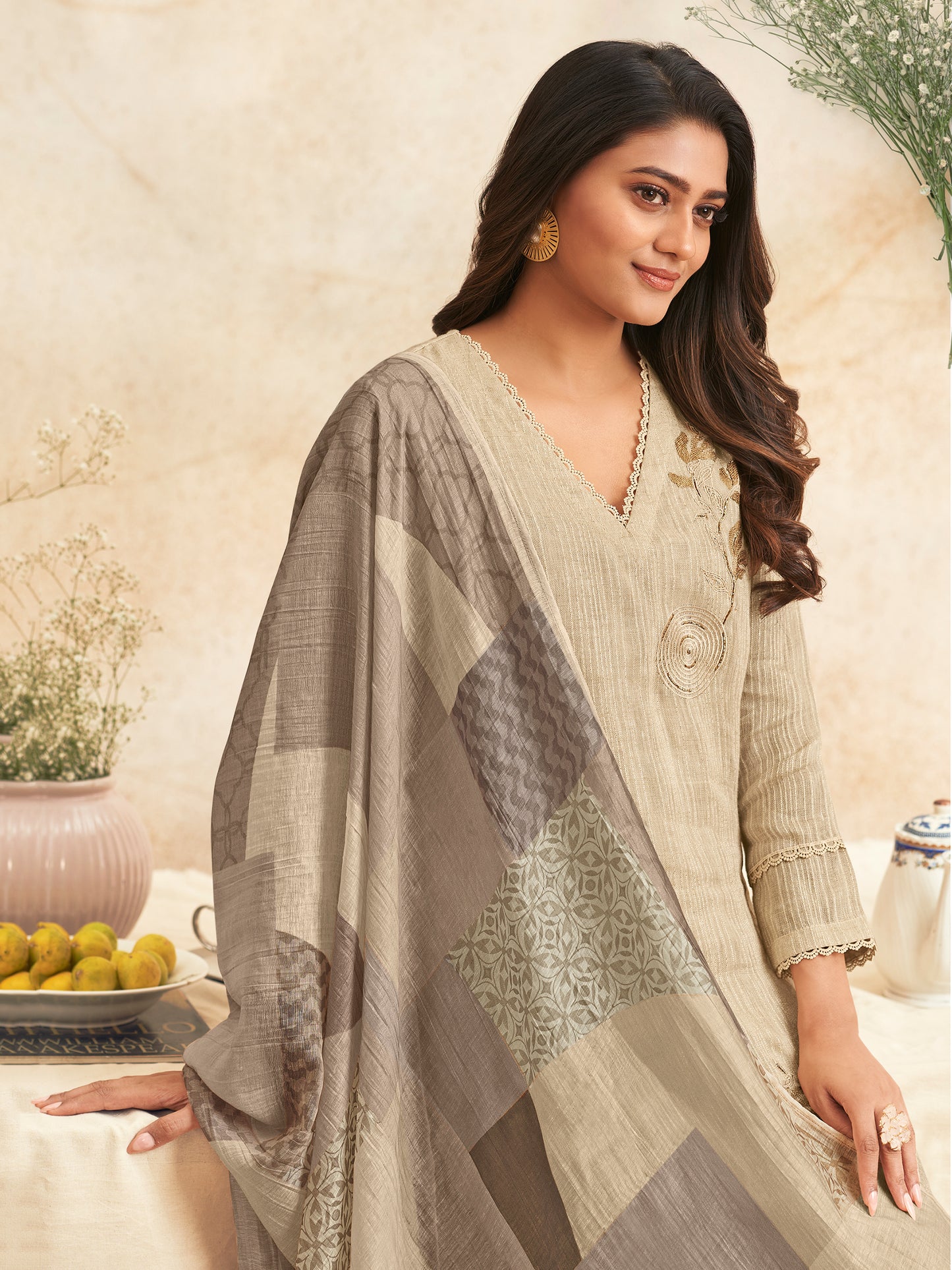 NIRJHARI BEIGE Pure Fancy Linen Zari Suit Set With Elegant Handwork, Embroidery & Threadal