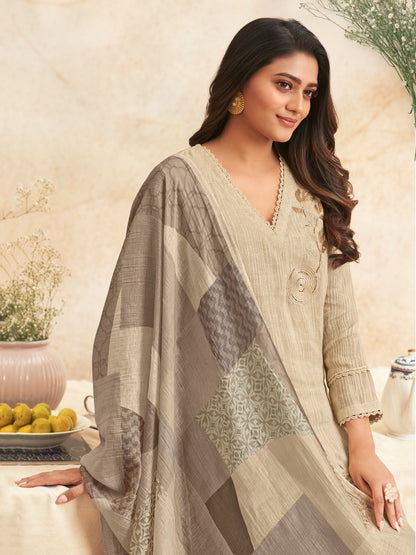 NIRJHARI BEIGE Pure Fancy Linen Zari Suit Set With Elegant Handwork, Embroidery & Threadal