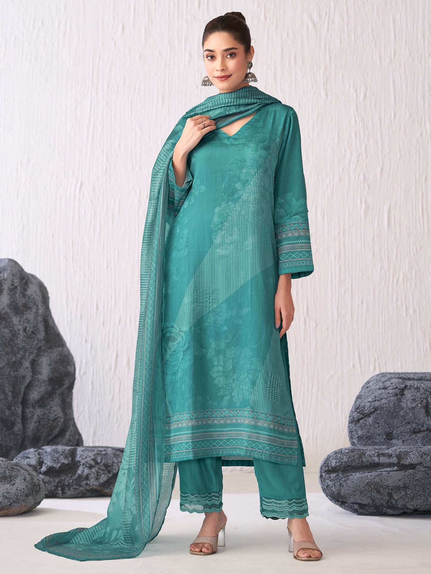 Jhil Mil HandCrafted Italian Satin  Kurta Unstitched Set with Dupatta