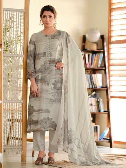 ASMITA CREAM Pure Muslin Unstitched Set With Fancy Handwork And Embroidery